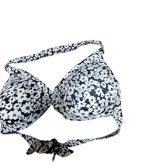 Pink By Victoria Push Up Halter Tie Bikini Swim Top L-DD Floral Black White NWT - Picture 8 of 10